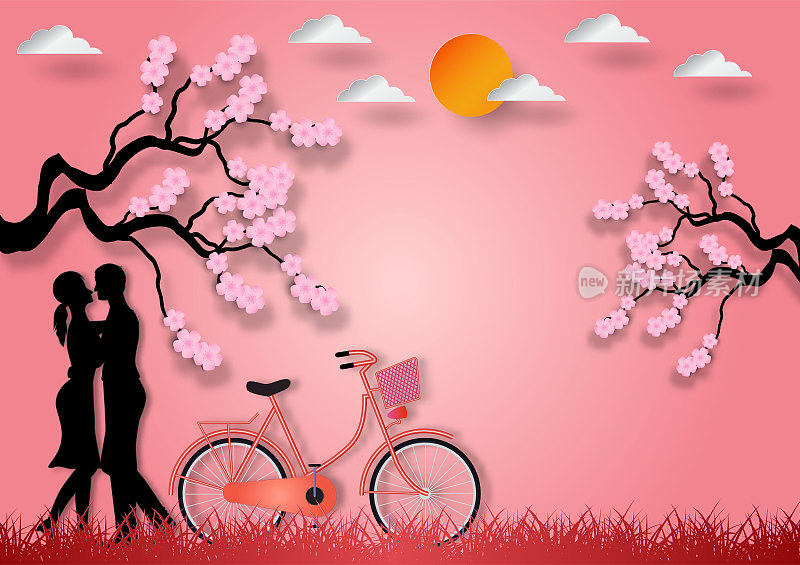 Paper art style of man and woman in love with bicycle and cherry blossom on pink background. vector illustration